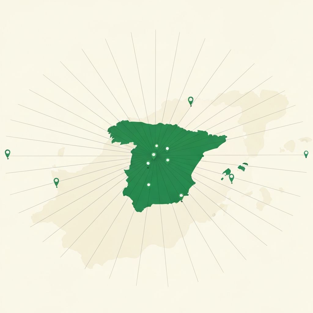 Mapa de cobertura de servicio de vaciado en Espana con Madrid como centro principal